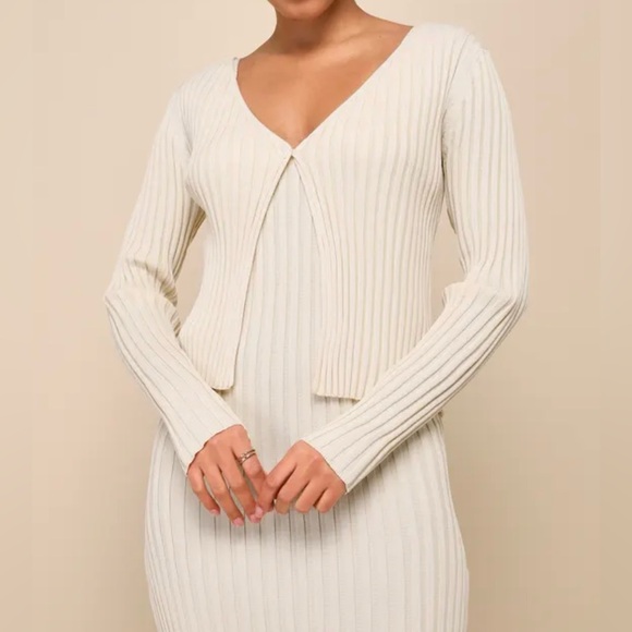 Lulus Beige Ribbed Dress & Cardigan Set - Picture 6 of 7
